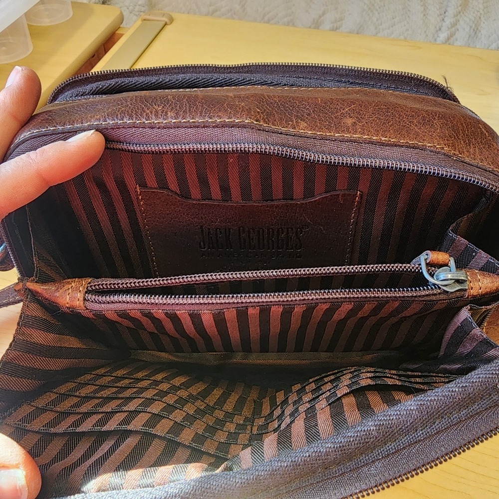 Jack Georges American Voyager Double Zippered Crossbody Brown Leather Bag  EUC - Picture 7 of 10